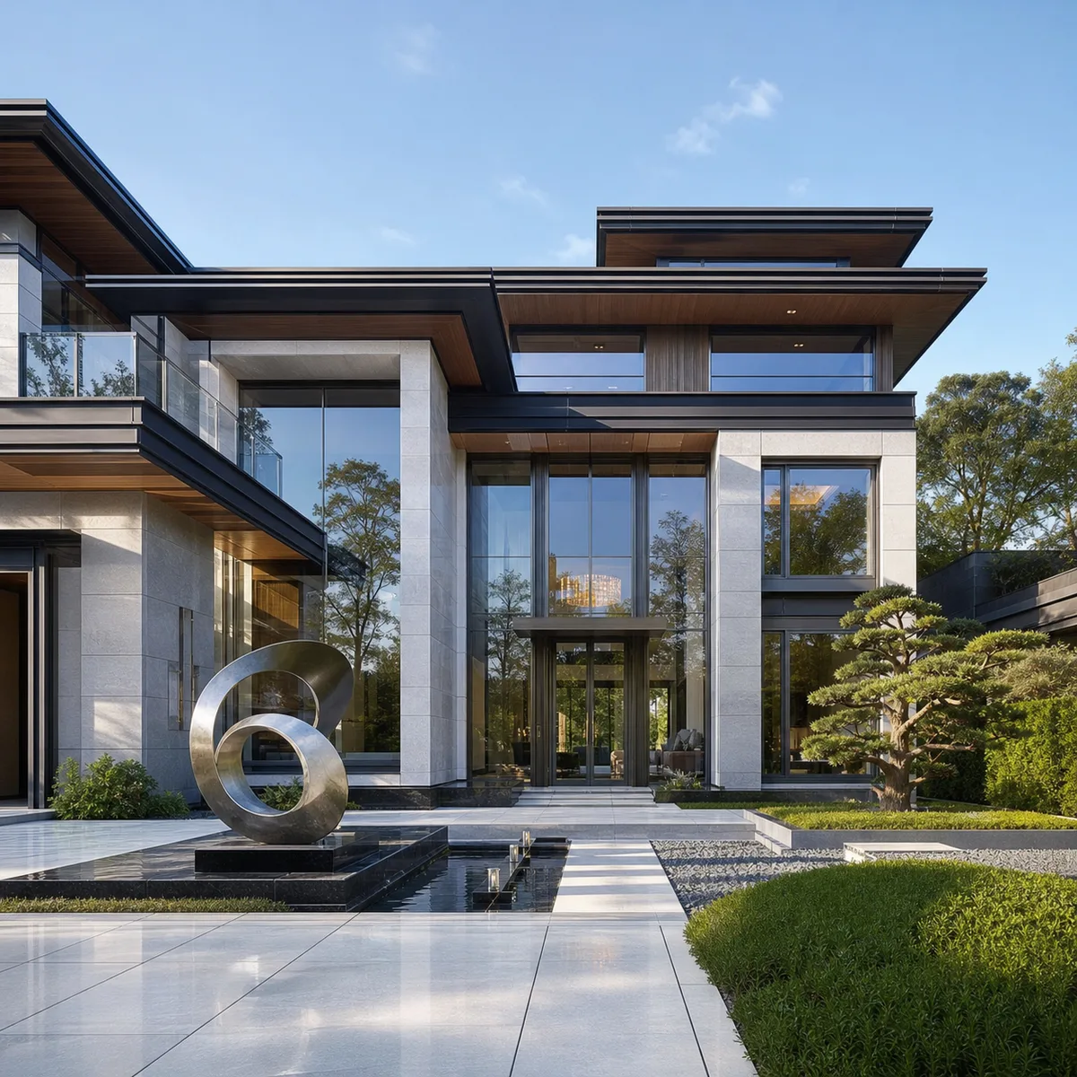 Luxury house exterior with broad glass windows and a paved entry court