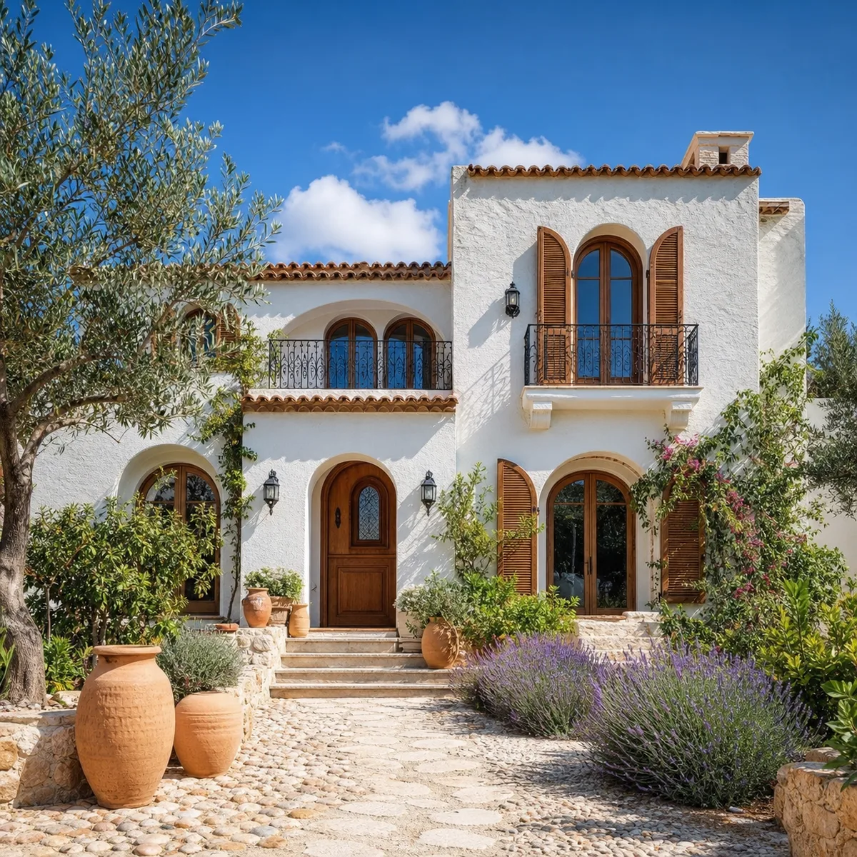Mediterranean house exterior with stucco walls, terracotta roof tiles and wood shutters