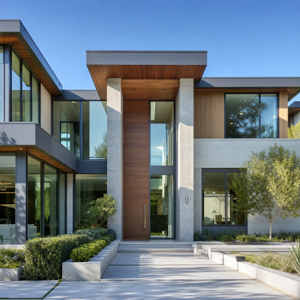 Modern house exterior with flat rooflines, tall windows and wood accents