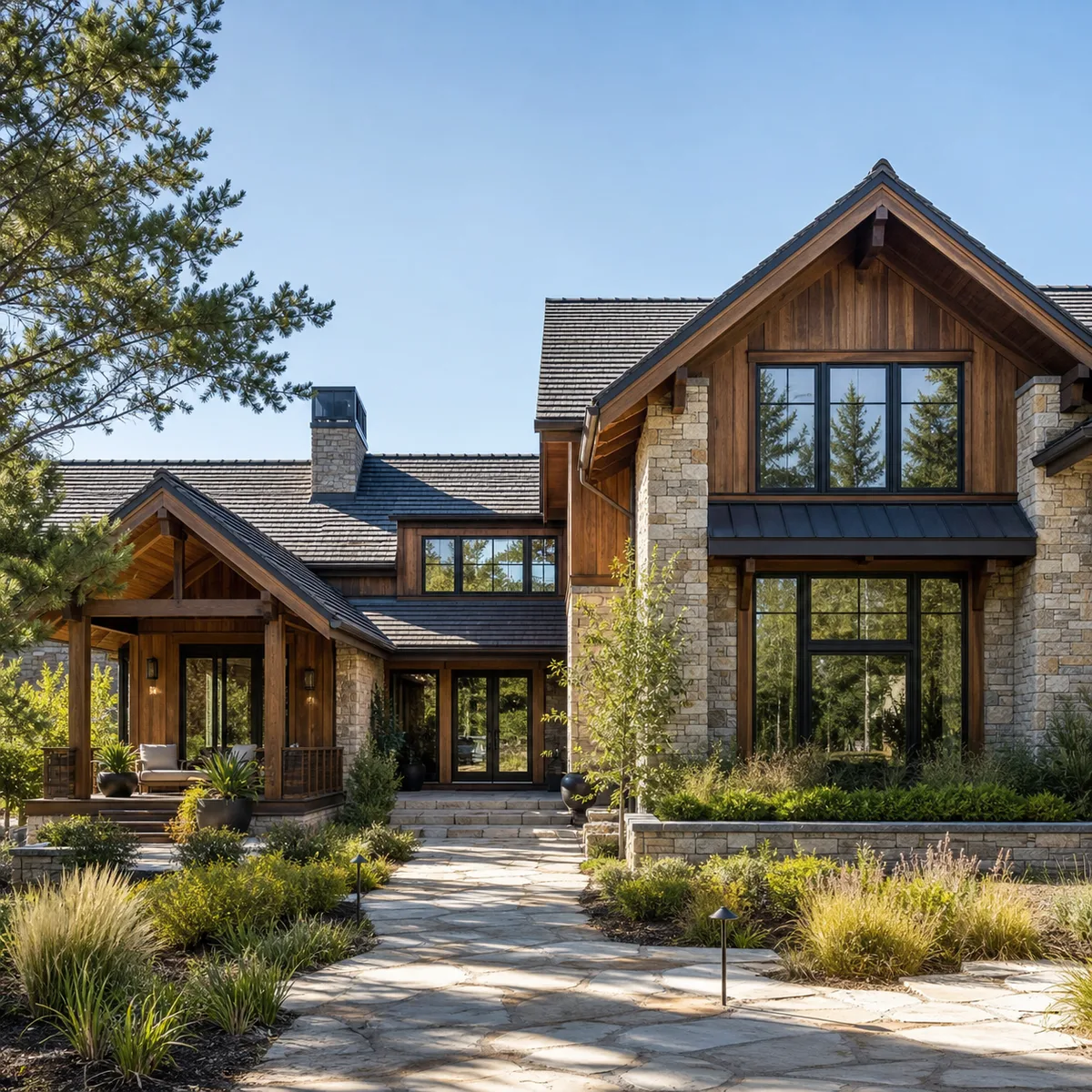 Rustic house exterior with timber siding, stone walls and a covered porch