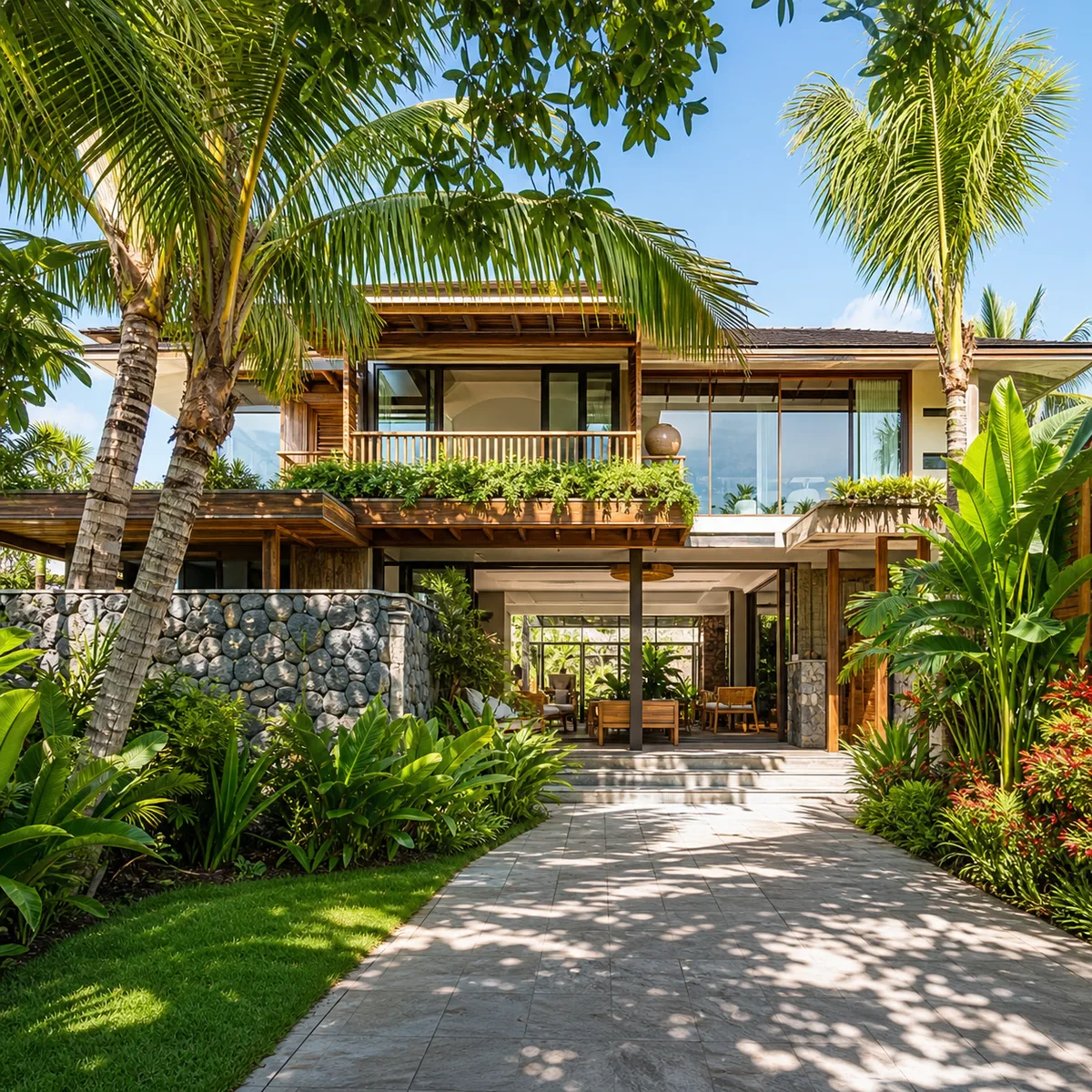 Tropical house exterior framed by palms and lush planting