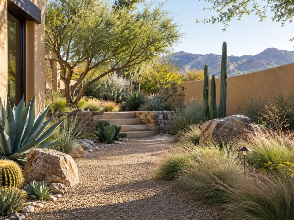 Desert xeriscape with agave, cacti and gravel paths
