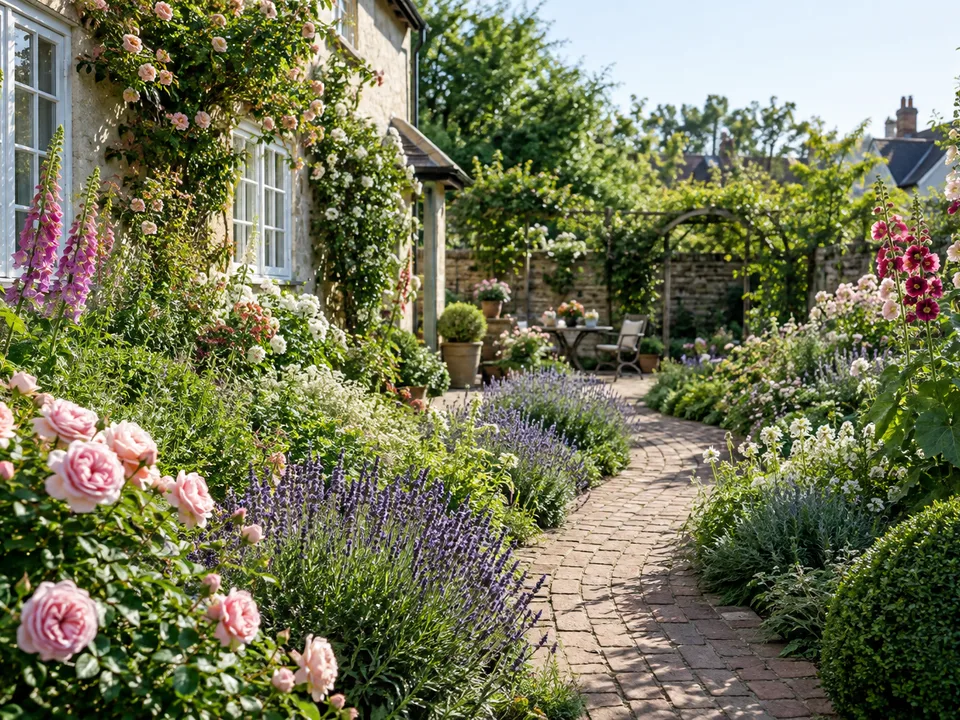 English cottage garden with roses and flowering borders