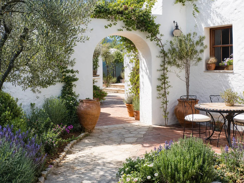 Mediterranean courtyard with olive trees and white stucco walls