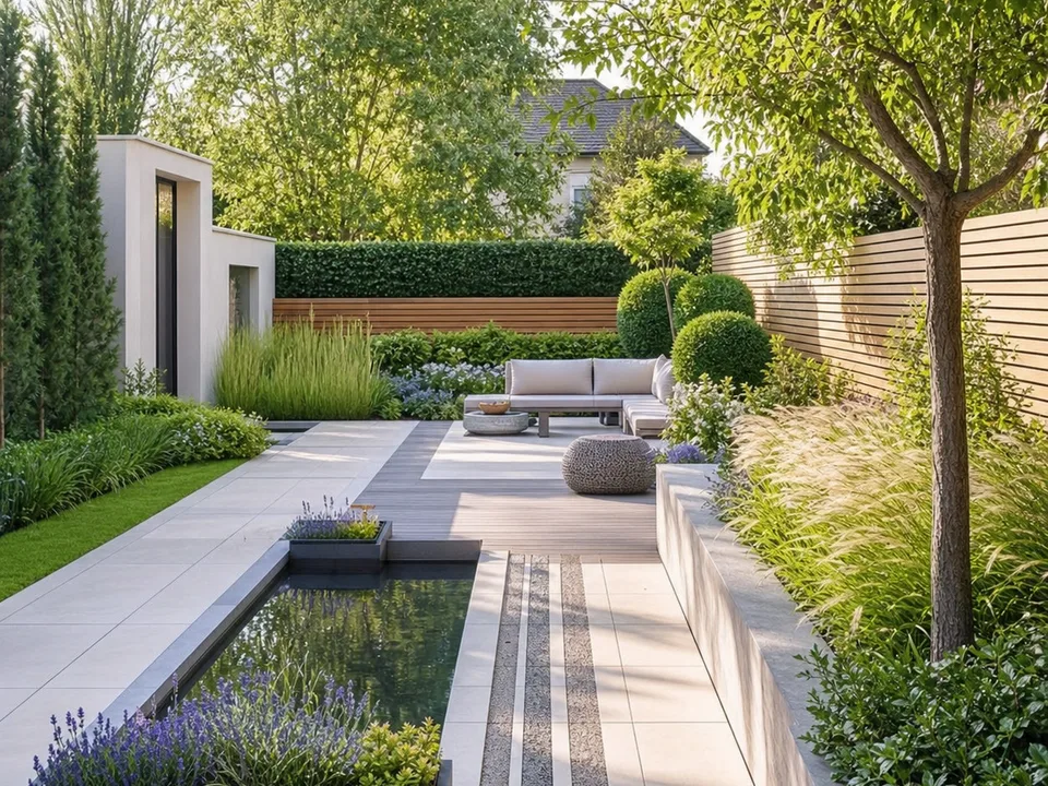 Modern garden with geometric paving and restrained planting