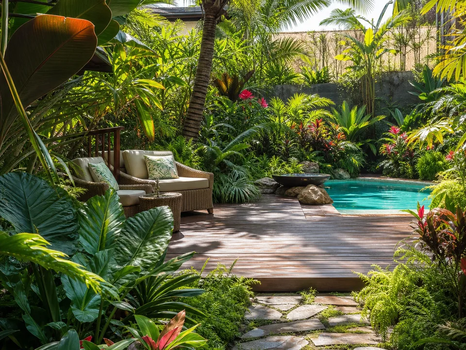 Tropical garden with palms, leafy planting and timber deck