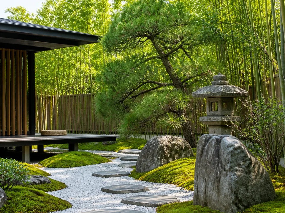 Zen garden with gravel path, moss and stone lantern