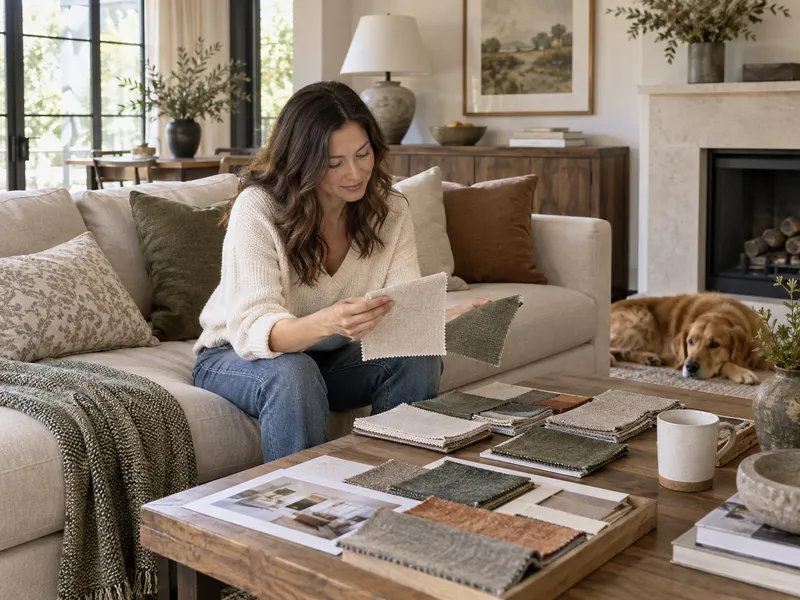 Homeowner comparing fabric swatches in her living room