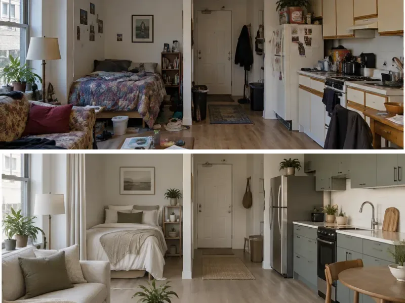 Studio apartment comparison showing a more coordinated sleeping and living area