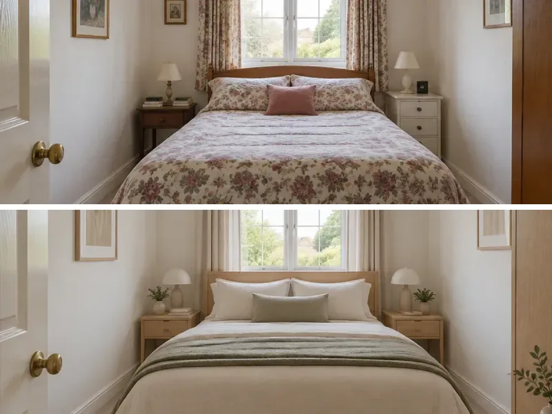 Bedroom comparison showing plain bedding refreshed with linen and oak furniture