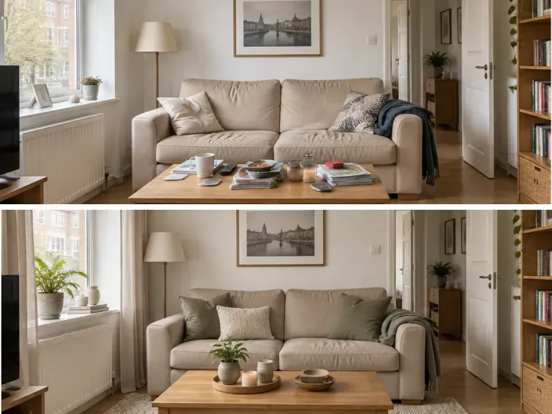 Same beige sofa before and after a cushion, curtain and rug refresh
