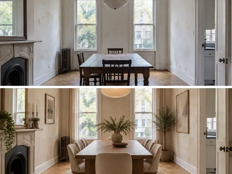 Dining room comparison showing tired walls refreshed with warm natural finishes