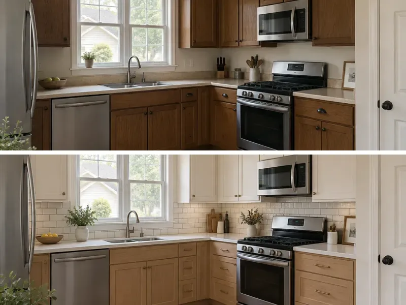 Kitchen comparison showing brown cabinetry reimagined in white and oak
