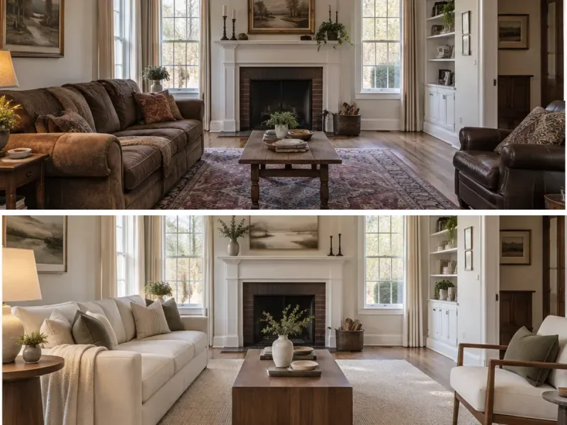 Living room comparison showing a dated lounge redesigned with cream seating