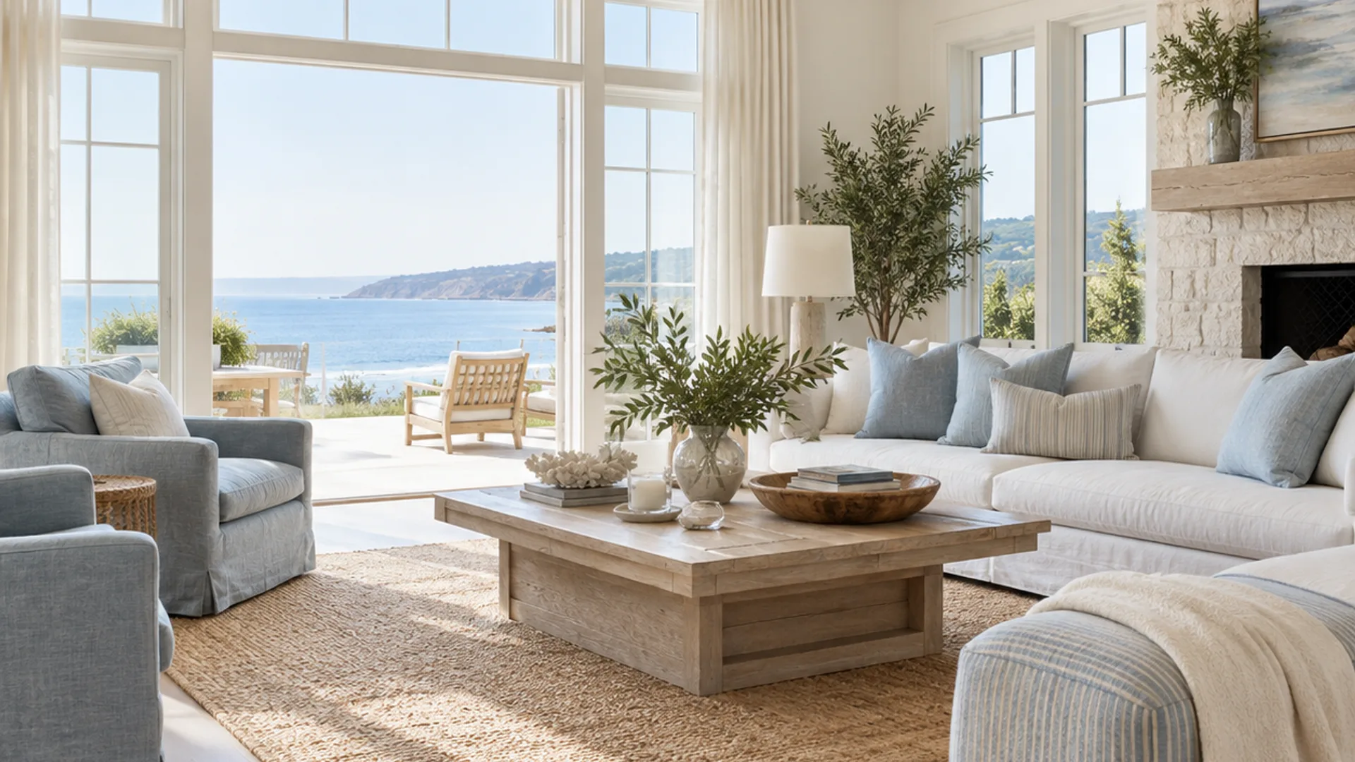 Bright coastal living room with pale blue textiles and natural wood