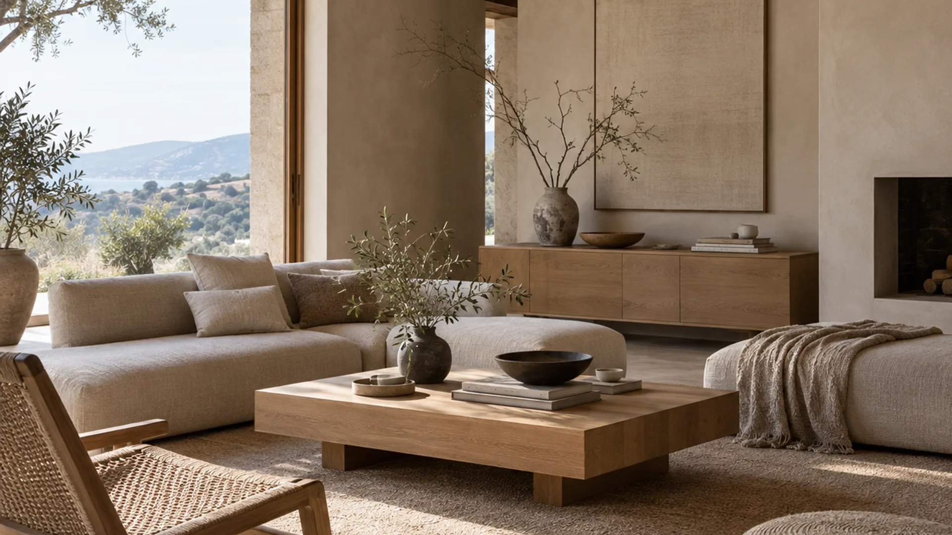 Japandi living room with low oak furniture, linen and warm natural textures