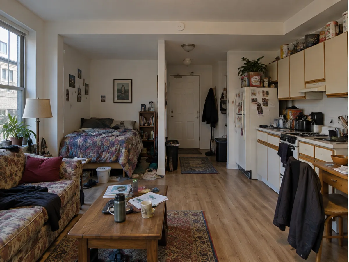 Studio apartment with a cluttered sleeping nook and kitchenette