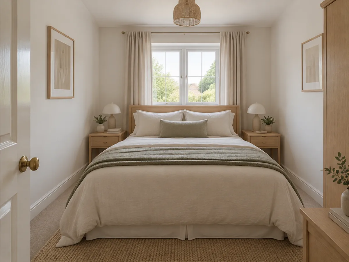 AI bedroom design with oak bedside tables and soft linen bedding