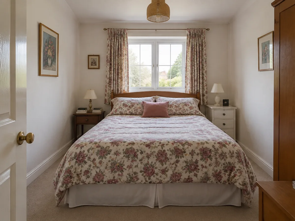 Small bedroom with plain bedding and mismatched bedside furniture