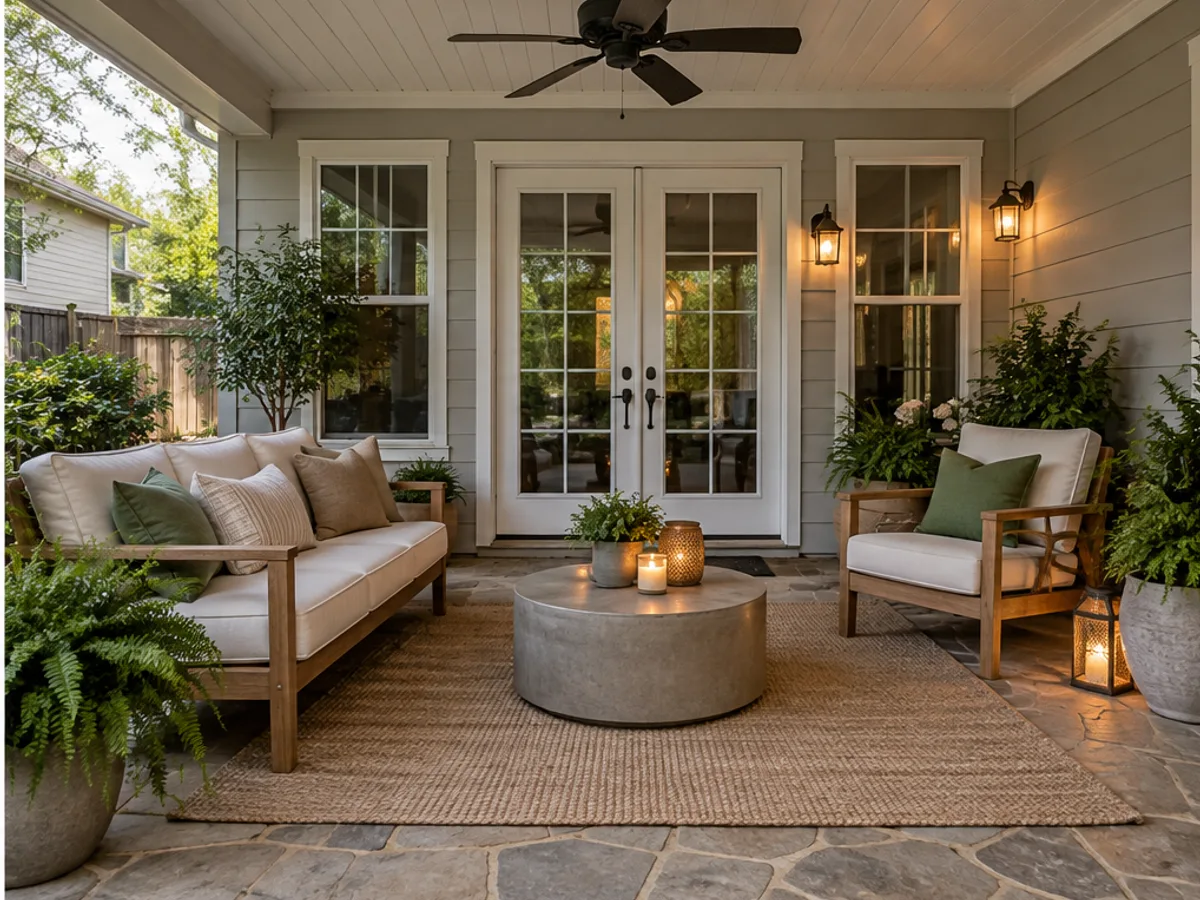 Patio design with comfortable outdoor seating, planters and warm lighting