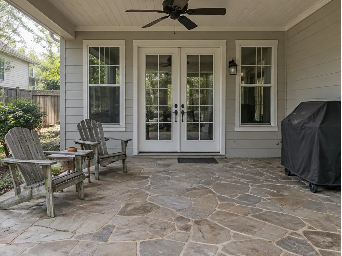 House patio with worn outdoor chairs