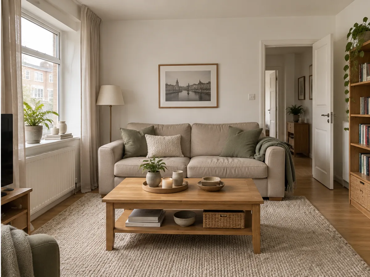 AI room design example retaining the beige sofa while refreshing cushions, rug and curtains