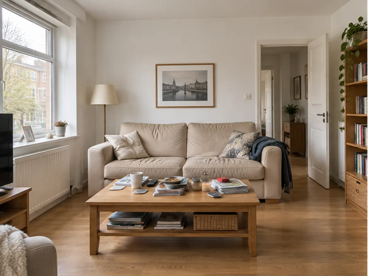 Living room with a beige sofa, plain curtains and a cluttered coffee table
