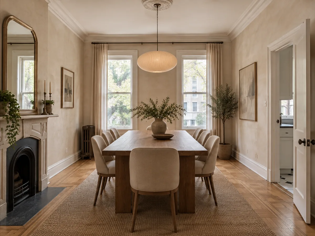 Dining room redesign with limewash walls, restored-looking parquet and elegant furniture