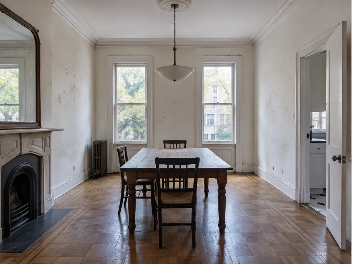 Dated dining room with scuffed walls and parquet flooring
