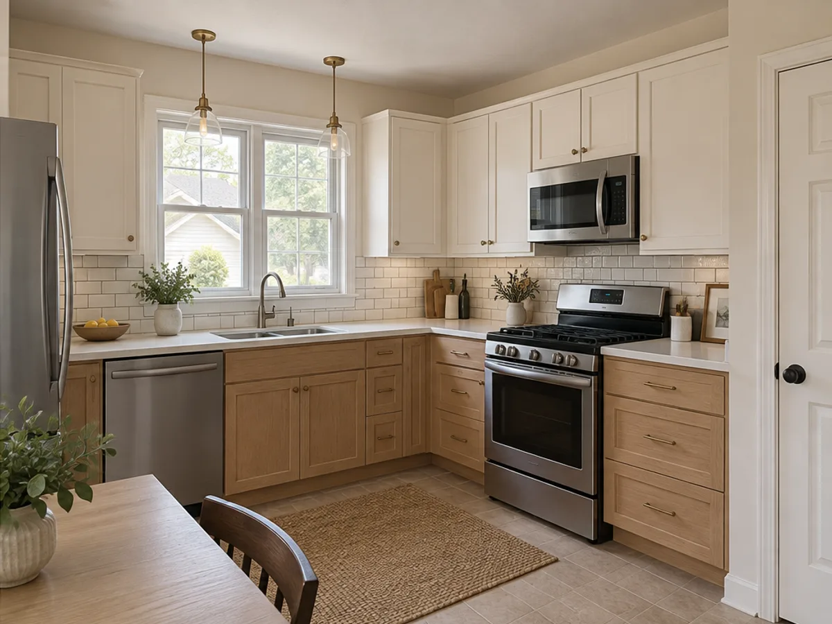 AI kitchen design with warm white cabinets and oak accents in the same layout