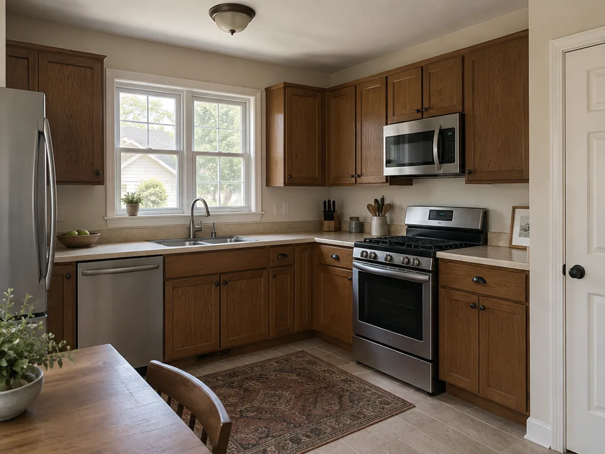 Compact L-shaped kitchen with dated brown cabinets