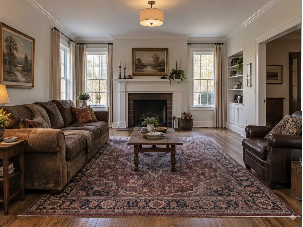 Living room before AI room design, with a brown sofa and dated rug