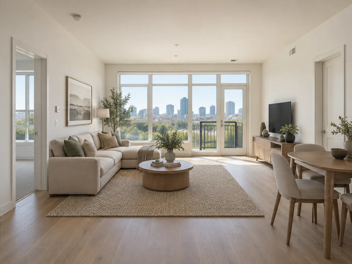 Virtually staged apartment with a sofa, rug and dining corner