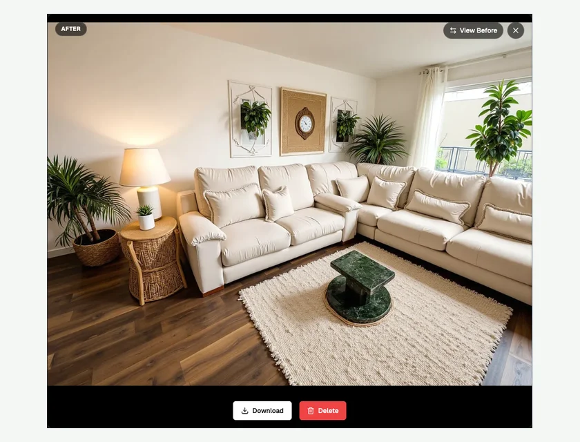 JanvAI result interface showing the redesigned room, comparison control and Download button