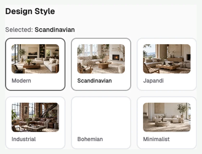 JanvAI room type and design style selection interface