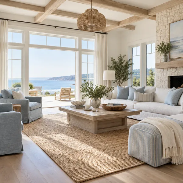 Coastal living room with pale blue linen and a woven rug
