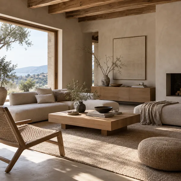 Japandi living room with low oak furniture and natural linen