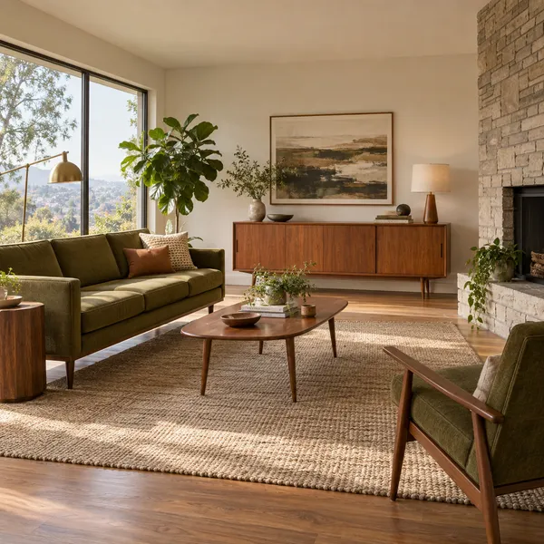 Mid-century living room with a teak credenza and olive upholstery