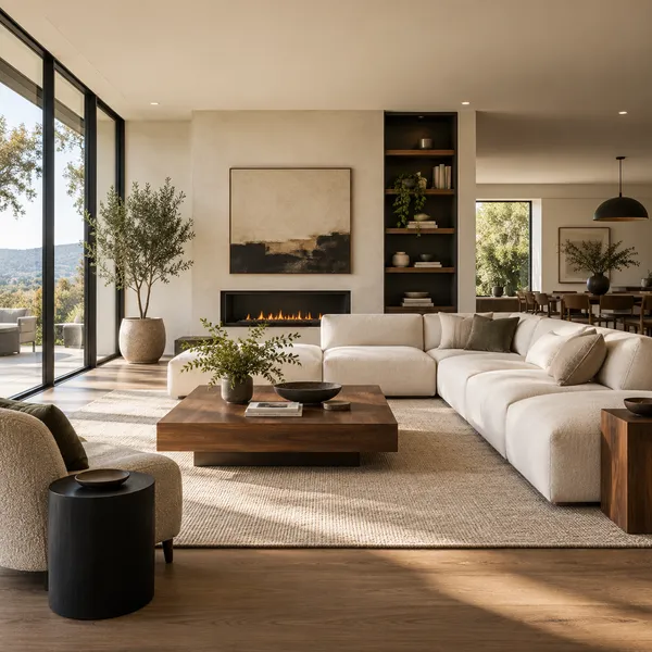 Modern living room with a cream modular sofa and walnut accents