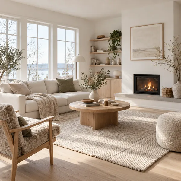 Scandinavian living room with blond oak and cozy wool textiles