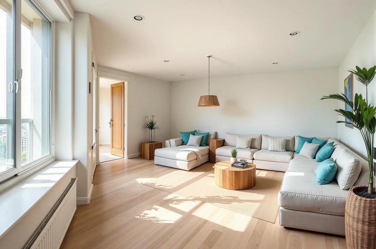 Coastal style living room redesigned using AI living room staging