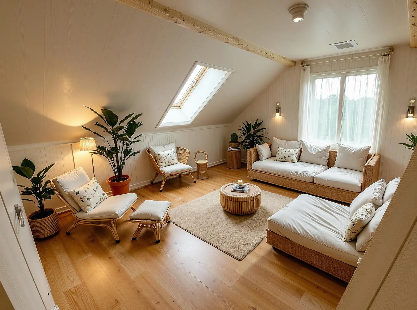 Airy attic living room with pale seating, timber beams and woven accents