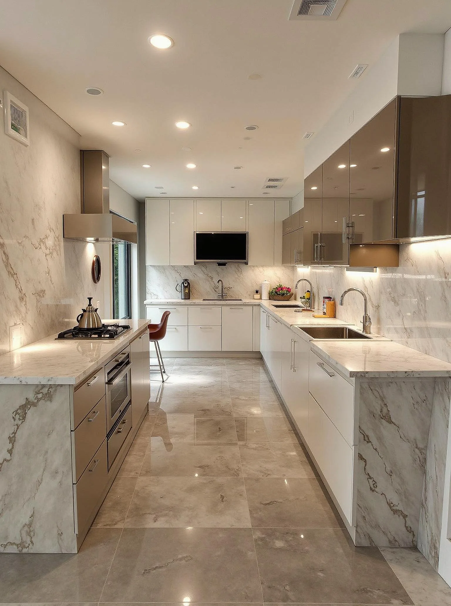 Kitchen design with wood cabinetry, an island and warm ceiling lighting