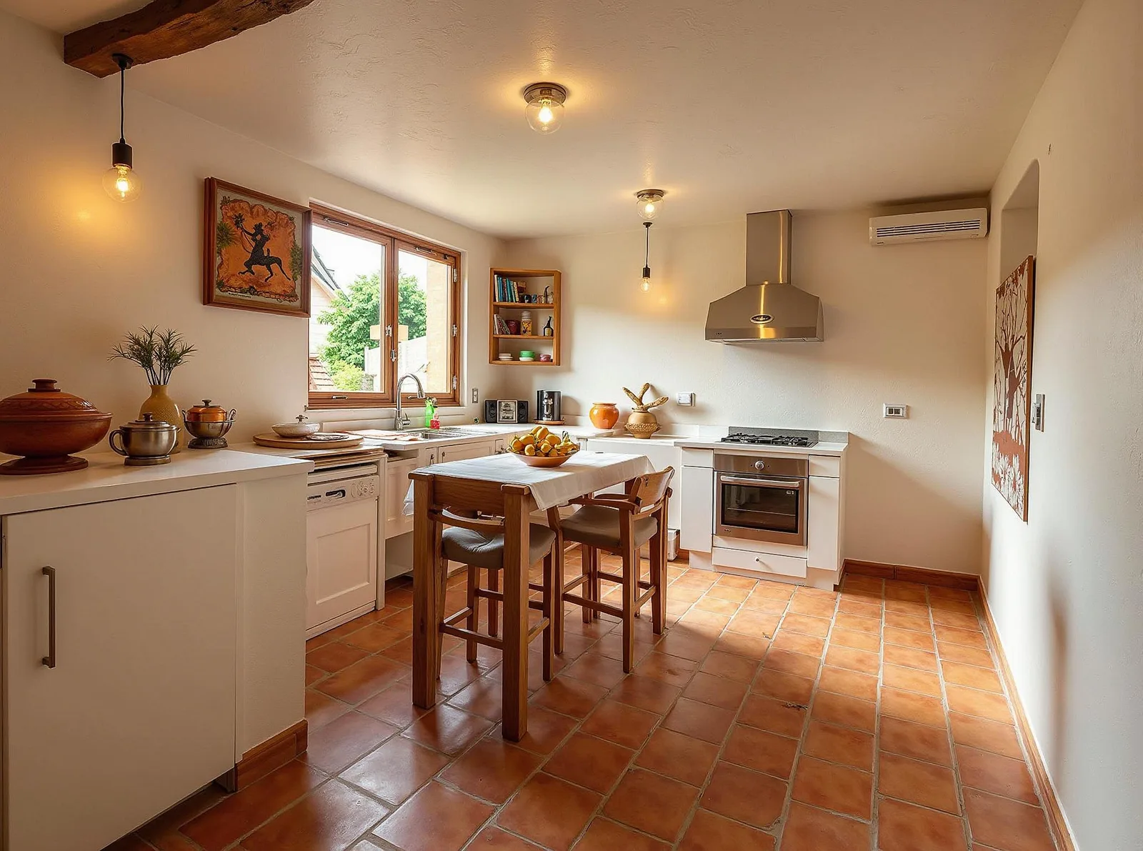 Warm wood kitchen with a dining table, oak cabinets and colorful accents