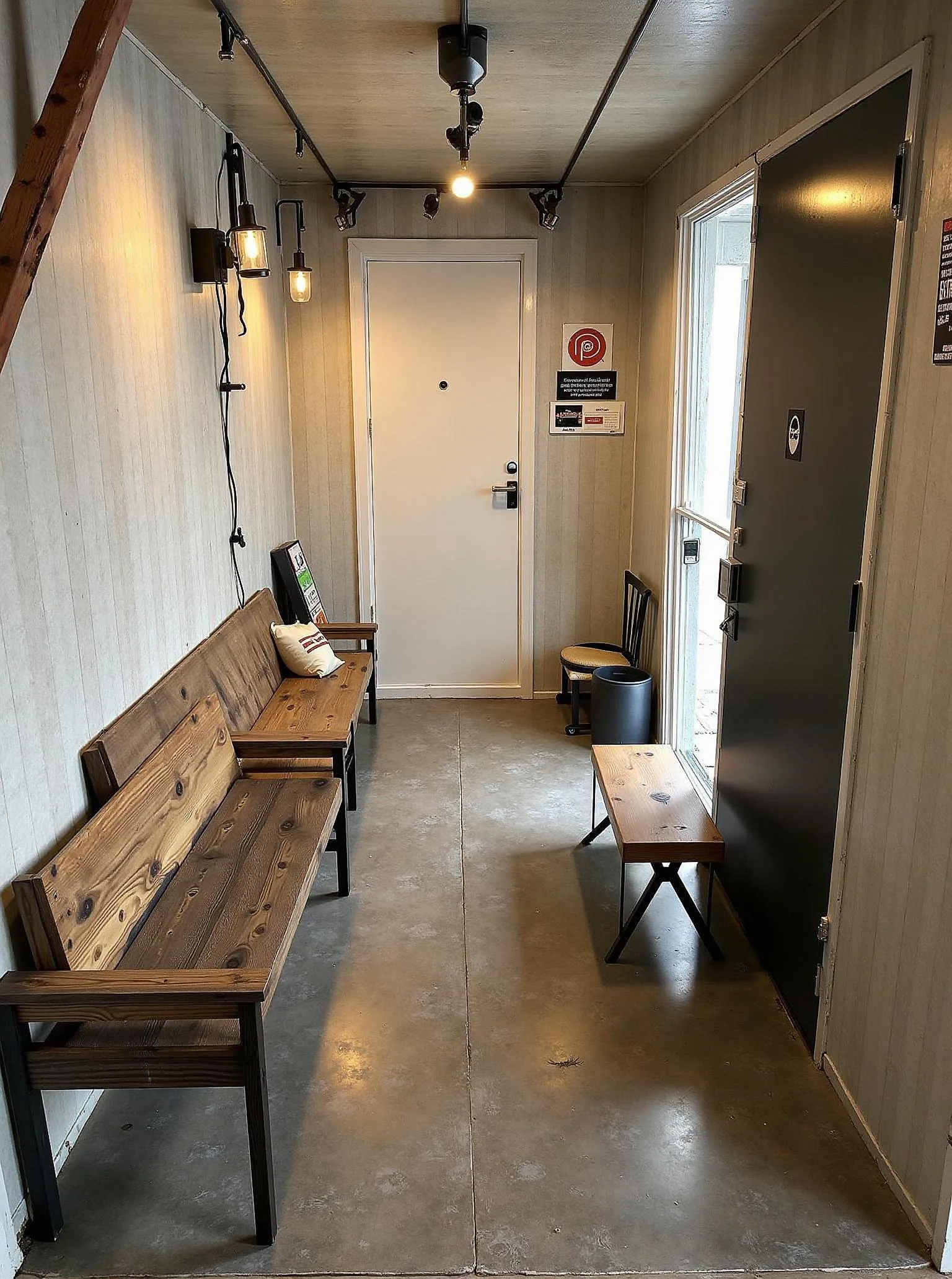 Industrial entryway with concrete finishes, timber storage and dark metal details