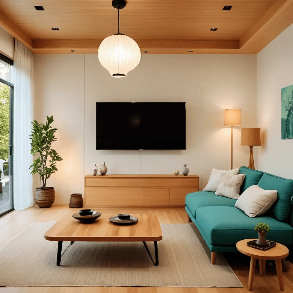 Japandi room design example with natural wood and a restrained palette