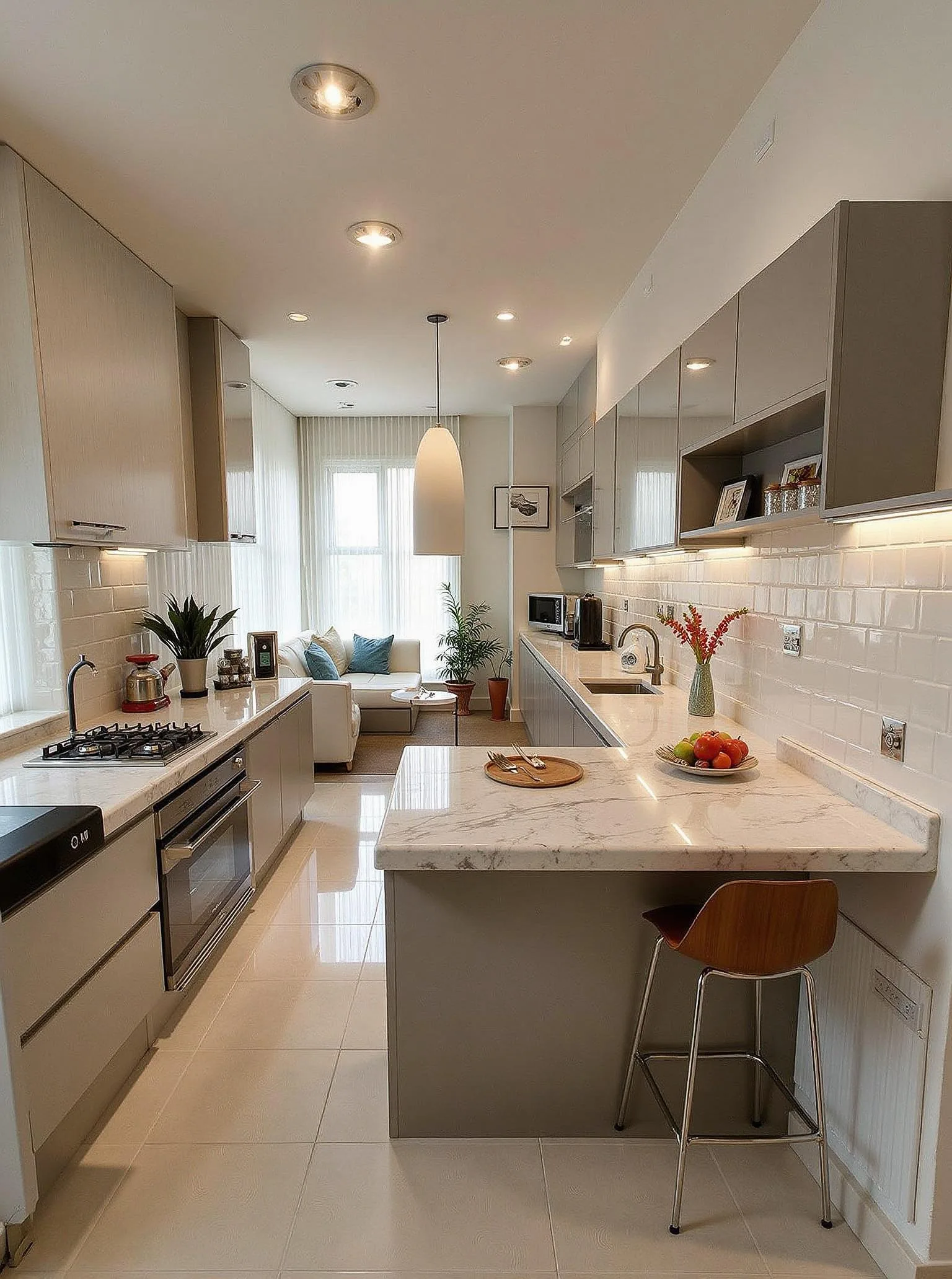 Luxury kitchen with a large island, upholstered stools and marble finishes
