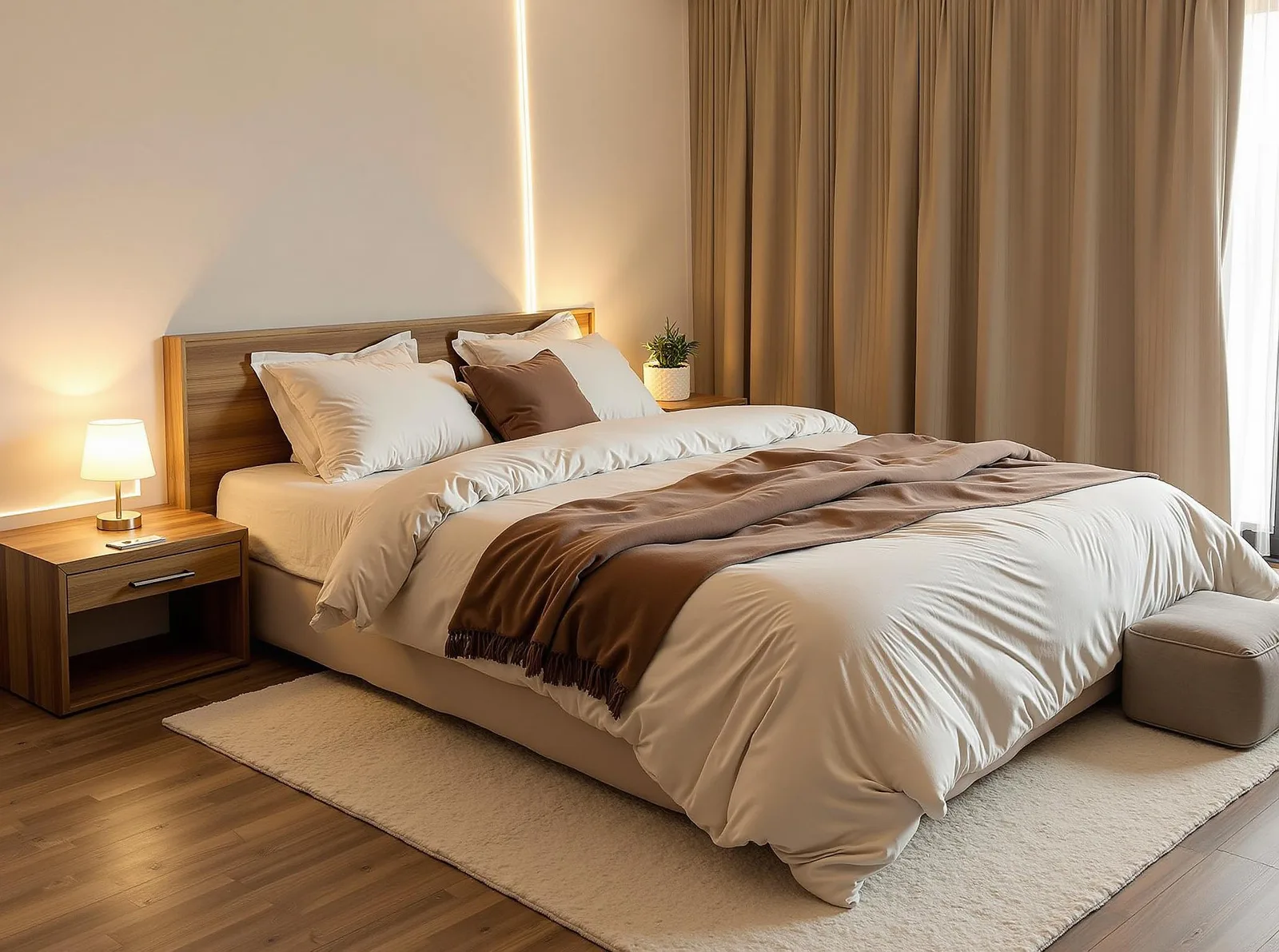 Minimalist bedroom with a low bed, neutral linen and warm bedside lighting