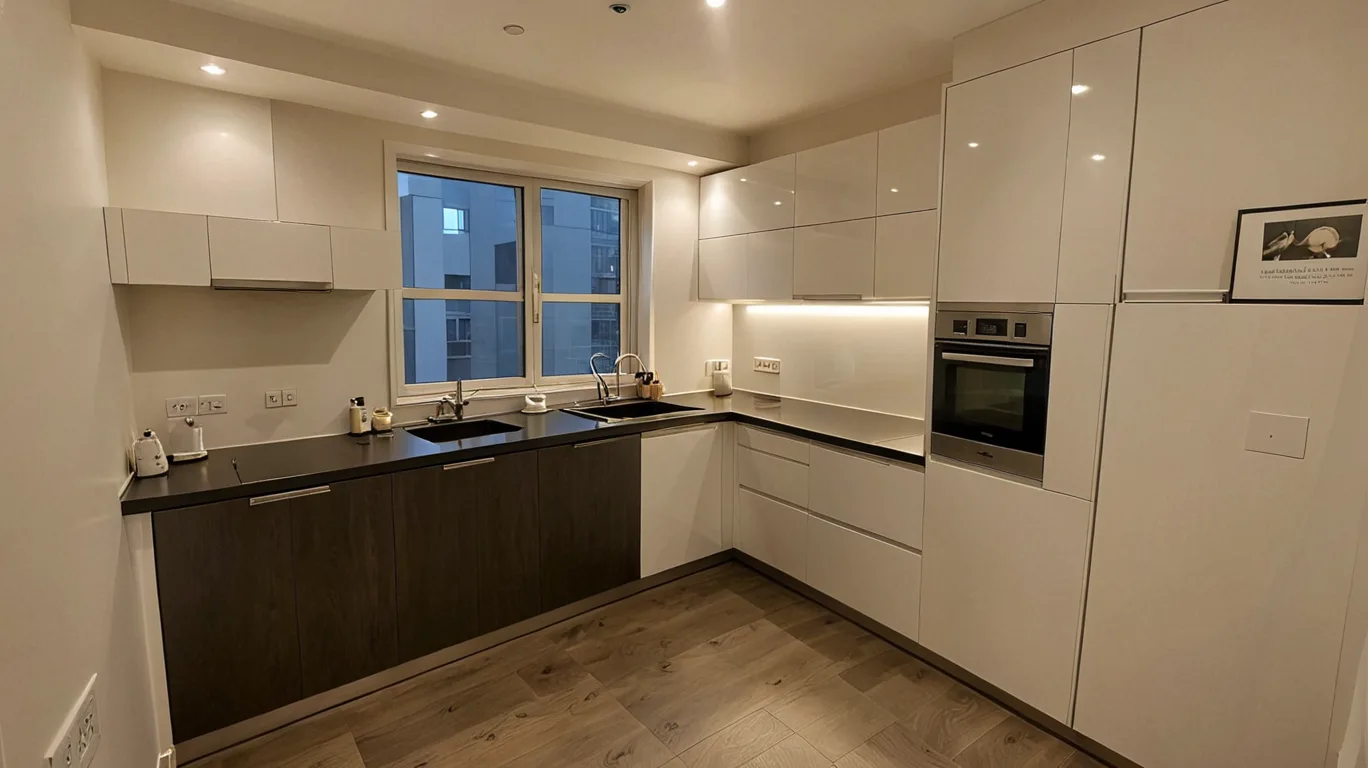 L-shaped kitchen with pale cabinets, wood flooring and a light countertop